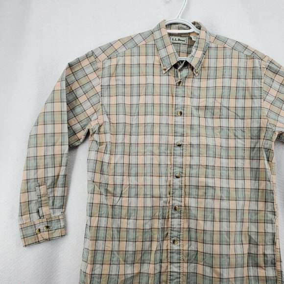 L L Bean Shirt Men's 3/4 Sleeve Button Up Reg Fit Plaid Green Blue Cream Medium - Picture 4 of 12
